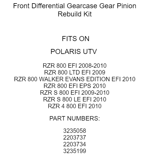 Kit de engranajes de la caja de cambios del diferencial delantero Holdwell 2203737 para Polaris Side by Side