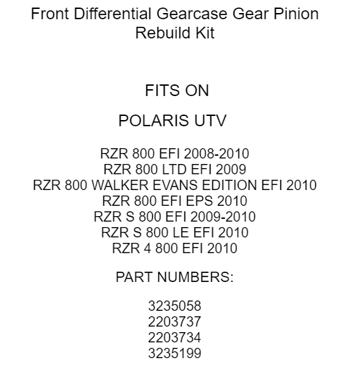 Holdwell Front Differential Gearcase Gear Kit 2203737 For Polaris Side by Side